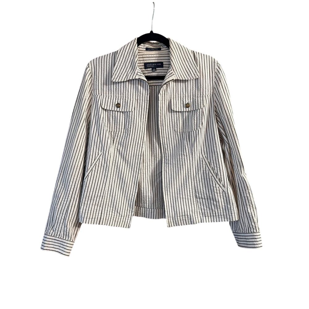 Jones New York Women's Open Front White & Brown Striped Jacket Size Small S